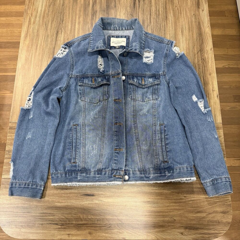 Ashley-Vintage Charm Very Distressed Blue Denim Jean Jacket Women's Size Medium